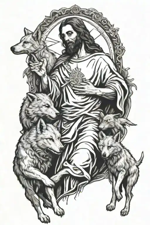 Jesus Christ holding a lamb with a realistic cross in the background and 2 rabid wolves, one on each side tattoo design idea