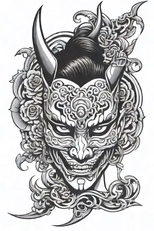 Pretty Woman eyes behind a hannya mask holding, with cyber sigilism around tattoo design idea