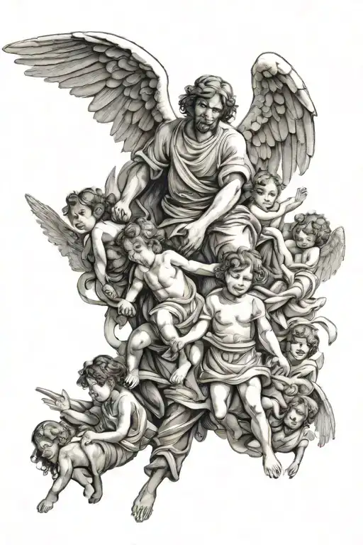 angels pulling man up, black angels pulling man down, and three children holding on to him tattoo design idea