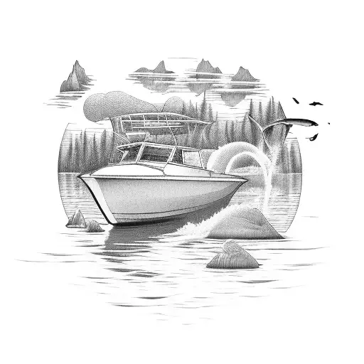 the lake, in the middle there is a boat with 3 generations of anglers in it tattoo design idea