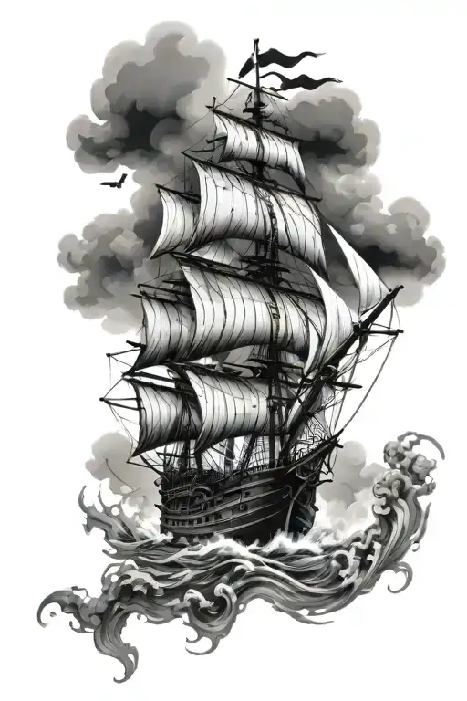 pirate ship in a storm into map  tattoo design idea