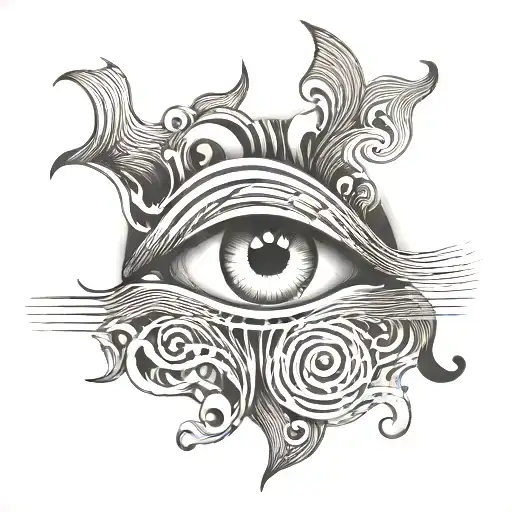 An abstract representation of sound waves with eyes hidden within the pattern tattoo design idea