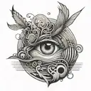 An abstract representation of sound waves with eyes hidden within the pattern tattoo design idea