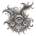 An abstract representation of sound waves with eyes hidden within the pattern tattoo design idea