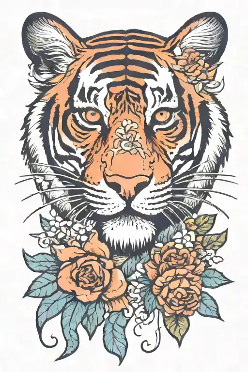 American traditional tiger with flowers  tattoo design idea