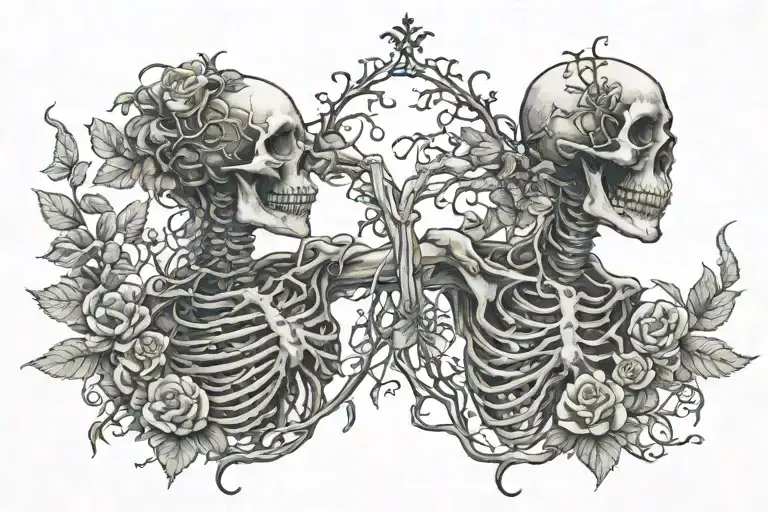 vines growing and molding into two skeletons lovers holding hands and facing each other tattoo design idea
