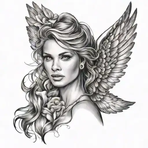 pretty woman face with angel wings tattoo design idea