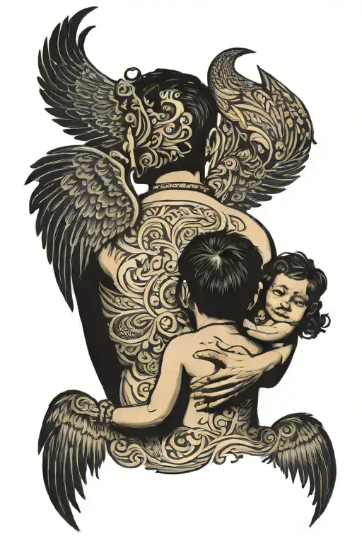  Shadow of a normal family Indian man  facing backward having wings on his back not showing his face and holding a baby tattoo design idea
