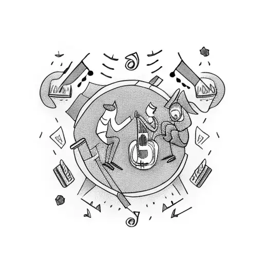 A black-grey tattoo of a group of friends sitting around a campfire, with musical notes floating in the air, symbolizing the joy of music and friendship. tattoo design idea