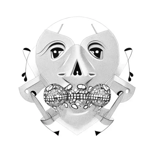 A comedy mask surrounded by soccer balls and musical notes tattoo design idea