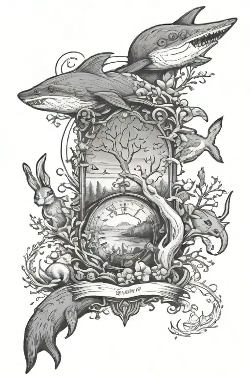 black and white sleeve tattoo with imagery of rabbits in forests, sharks in the ocean, time, death, book tattoo design idea