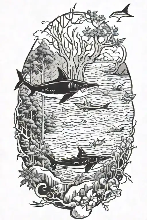 black and white sleeve tattoo with imagery of rabbits in forests, sharks in the ocean, time, death, book tattoo design idea