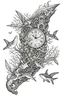 black and white sleeve tattoo with imagery of rabbits in forests, sharks in the ocean, time, death, book tattoo design idea