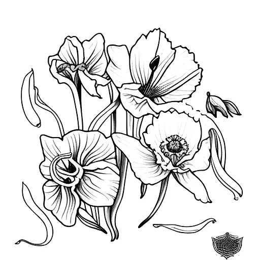 Morning glory, daffodil, carnation, snowdrop, marigold, cosmos tattoo design idea