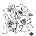 Morning glory, daffodil, carnation, snowdrop, marigold, cosmos tattoo design idea
