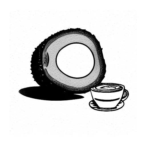 an avocado, a piece of toast, and a poached egg dancing around a cup of coffee tattoo design idea
