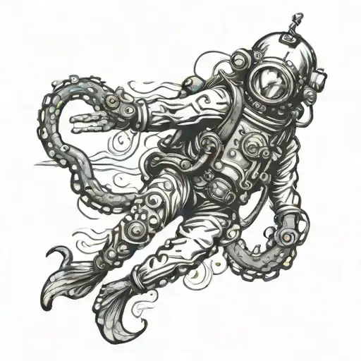 vintage diving suit grabbed by tentacles wrapping tattoo design idea