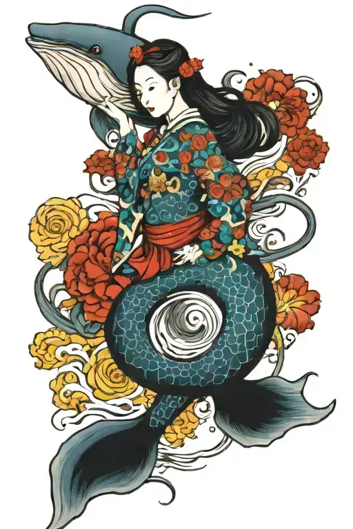 blue whale asian mermaid swimming tattoo design idea