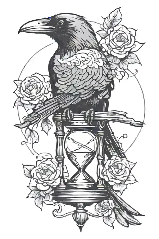 Raven facing left partiallyobscured by hourglass with Cardinal overlapping the hourglass on rightside   tattoo design idea