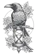 Raven facing left partiallyobscured by hourglass with Cardinal overlapping the hourglass on rightside   tattoo design idea