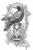 Raven facing left partiallyobscured by hourglass with Cardinal overlapping the hourglass on rightside   tattoo design idea