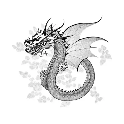 Oriental dragon, in line, brush painting style, with some branches of leaves and cherry blossoms around tattoo design idea