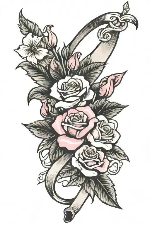 breast cancer ribbon with lilys and roses intertwined tattoo design idea