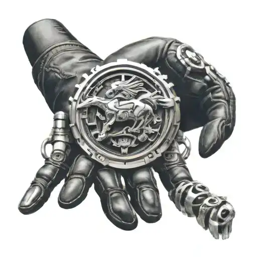 Mustang GT glove with the Avenger logo inside and the phrase I roll 500m by 500m on the side of the tire tattoo design idea