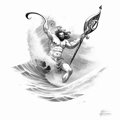 Poseidon riding a wave with a trident in hand tattoo design idea