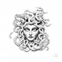 Medusa's face with snakes transforming into flowers tattoo design idea