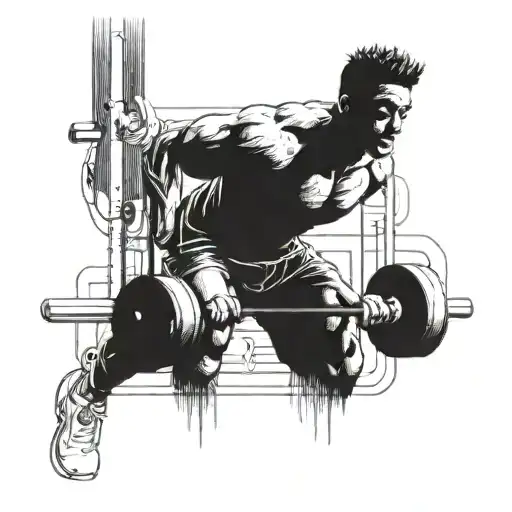 A sketch of a football player lifting weights in a gym, with musical instruments hanging on the walls in the background tattoo design idea