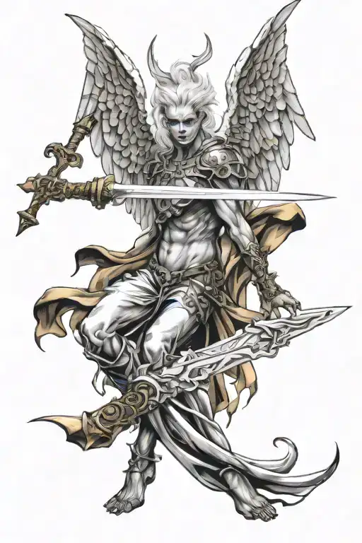 fallen angel half demon and holding fire and light sword  tattoo design idea