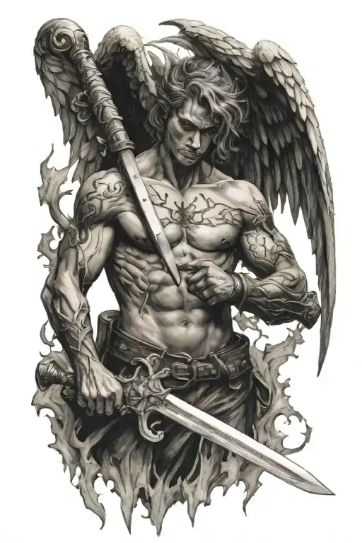 fallen angel half demon and holding sword  tattoo design idea