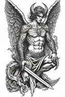 fallen angel half demon and holding sword  tattoo design idea