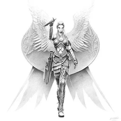 Female Warrior Christian Angel sleeve tattoo design idea