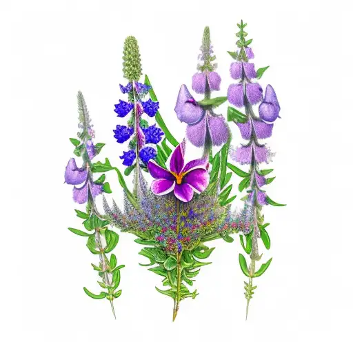 hummingbird, thistle, harebell, vipers bugloss, bell heather, dogwood, lupine, trillium, pacific bleeding heart, camas tattoo design idea