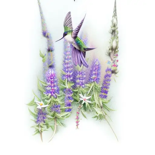 hummingbird, thistle, harebell, vipers bugloss, bell heather, dogwood, lupine, trillium, pacific bleeding heart, camas tattoo design idea