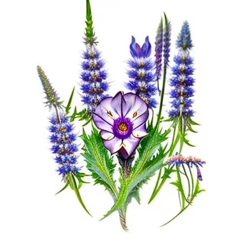 thistle, harebell, forget me not, vipers bugloss, bell heather, dogwood, lupine, trillium, pacific bleeding heart, camas tattoo design idea
