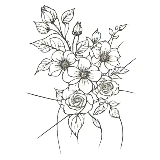 fine line black tattoo of a bouquet of flowers. Rose, daisy, paperwhite, and star of david flowers tattoo design idea