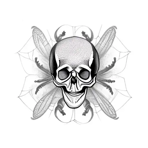 An insect-themed skull with spiderweb patterns tattoo design idea