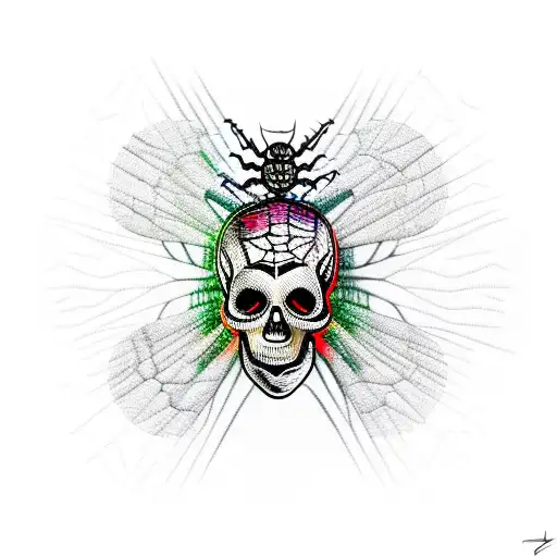 An insect-themed skull with spiderweb patterns tattoo design idea