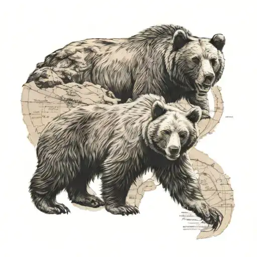 bear and cub with an old map background tattoo design idea