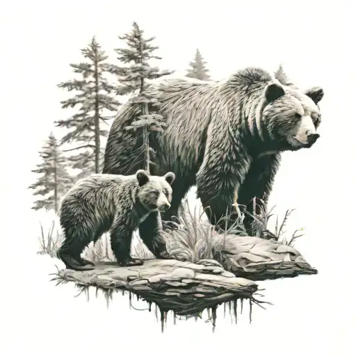 bear and cub in a forest scene tattoo design idea