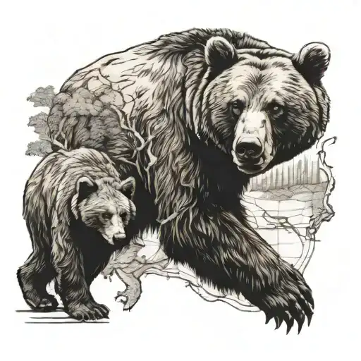 bear and cub in a forest with old map outline tattoo design idea