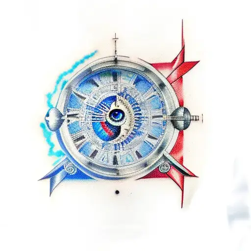 biomechanic blue eye inside ancient roman clock tattoo design idea