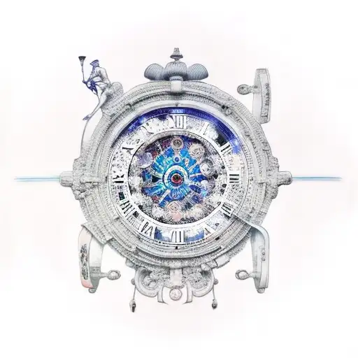 biomechanic blue eye inside ancient roman clock tattoo design idea