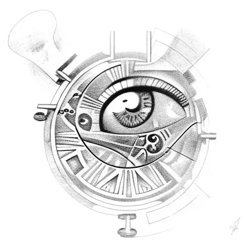 biomechanic blue eye inside ancient roman clock tattoo design idea