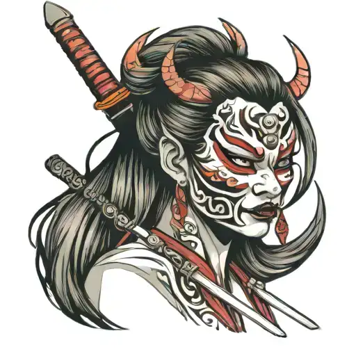 Oni Mask On Girl with katana sword tattoo design idea