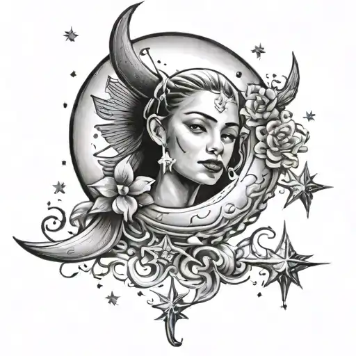 moon and stars shining tattoo design idea