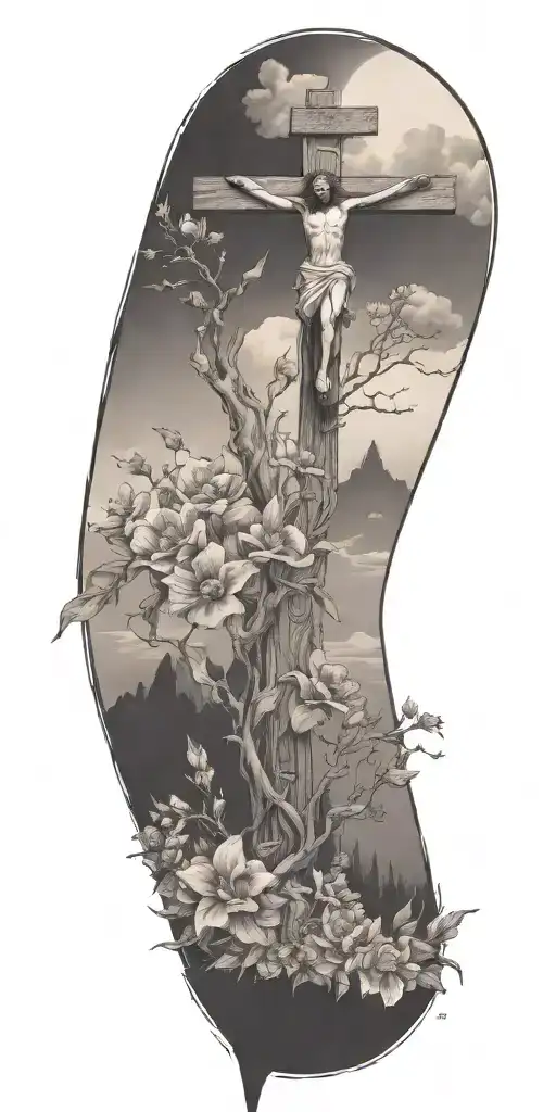Mountains, Jesus Christ's death on the cross, Jesus Christ's resurrection, flowers, Trees, clouds tattoo design idea